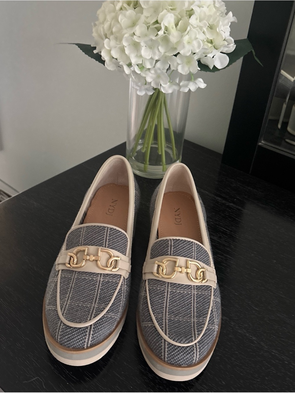 NYDJ Plaid Wedge Loafers in Gray and Cream with Gold Accent New Size 6 1/2 M